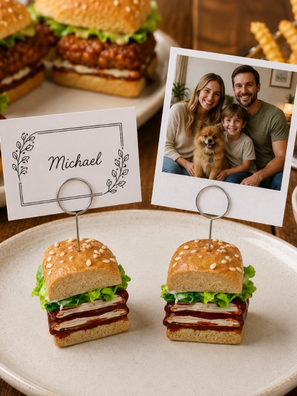 Spicy Chicken Sandwich Place Card & Photo Holder, Food Label | Set of 2 Handmade